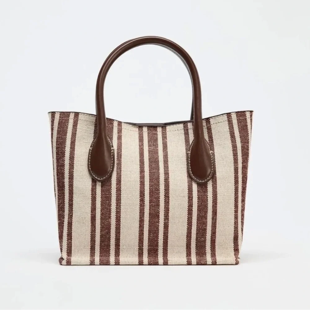 Zara Striped Print Canvas Bag Brown/ Ecru NWT